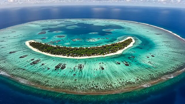Aerial view of a tropical island with vibrant turquoise waters and lush greenery