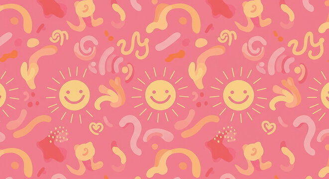 Vibrant pink background with playful smiley faces and various colorful doodles in shades of yellow, orange, and red, creating a lively and cheerful pattern.
