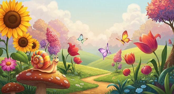 Whimsical illustration of a snail on a mushroom amidst vibrant flowers and butterflies along a winding path in a colorful garden with a cloudy sky.