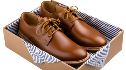 Men? dress shoes in an open shoebox with wrapping paper pulled aside, transparent background,