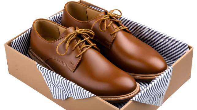 Men? dress shoes in an open shoebox with wrapping paper pulled aside, transparent background,
