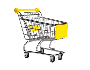 Minimal Yellow Shopping Cart, Side View with Clean Shadows, Isolated on White Background