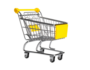 Minimal Yellow Shopping Cart, Side View with Clean Shadows, Isolated on White Background
