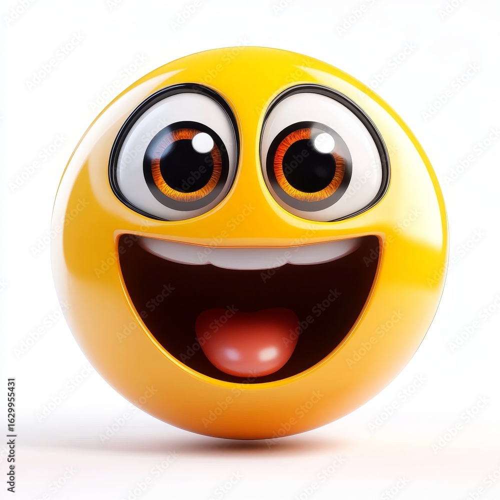 Poster vibrant 3d character model with circular face expressing joyful emotion against a soft background