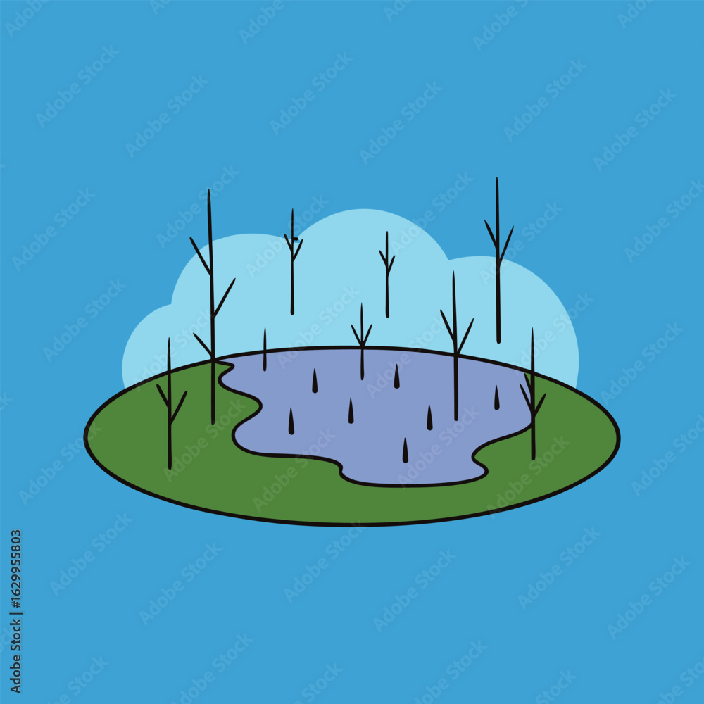 Poster vector art of a simple illustration of a pond with trees and a cloud in the sky
