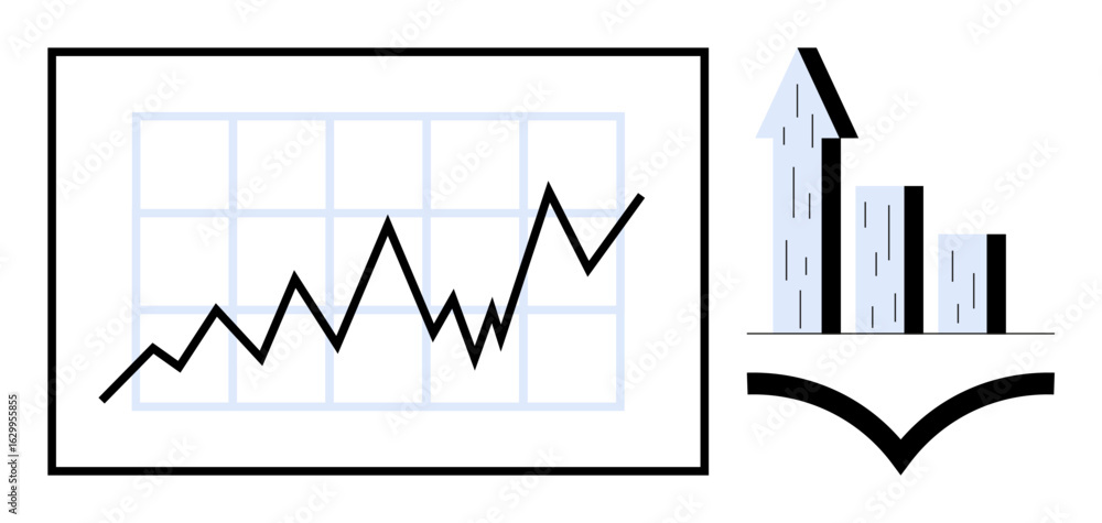 Poster rising line graph on a grid and bar chart with arrow portraying growth, success, and analytics. idea