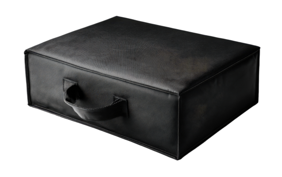 Dark gray, rectangular, padded storage box with handle