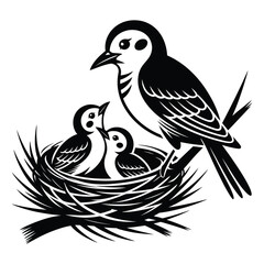 Obraz premium Mother bird watches over her two hungry chicks in a cozy nest on a branch