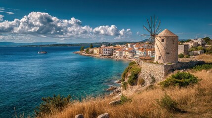 Coastal village scene. Windmill stands overlooking the Aegean Sea, with buildings & puffy clouds