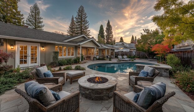Outdoor patio with fire pit, pool, and house
