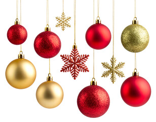  Hanging Christmas Ornament Set with Glossy Baubles and Stars, Floating Isolated on Transparent Background PNG
