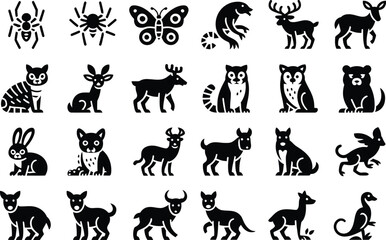 Naklejka premium Collection of black and white animal icons featuring wildlife and domestic species in a simple vector design