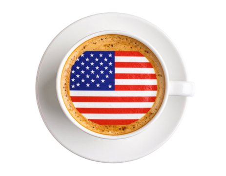 Top-Down View of Coffee Mug with American Flag Printed on Foam, 4th of July Theme, Transparent Background - Powered by Adobe