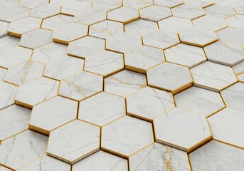 Fototapeta premium Abstract geometric pattern of white hexagons with gold trim