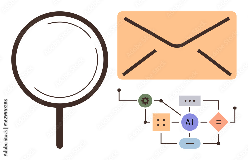 Poster magnifying glass, envelope, and ai flowchart highlighting communication, problem-solving, and tech-d