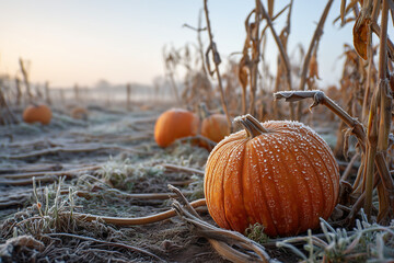Close-up of a frost-kissed orange pumpkin resting in a rural farm patch on a cold autumn morning. The first light of a hazy sunrise illuminates the icy crystals on the gourd.