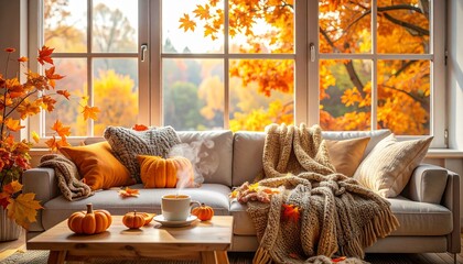 Comfortable living room with a cozy sofa, warm blankets, and a hot drink, overlooking a beautiful autumn forest through a large window.