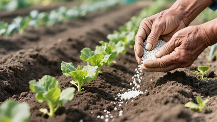 Farmer's hands applying granular fertilizer to young vegetable plants in soil rows during early growth stage