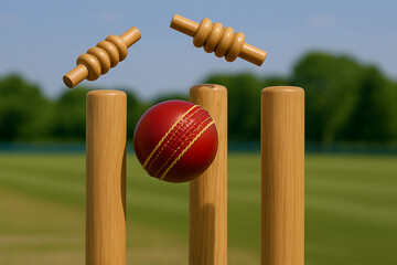 Close-Up of a Club Cricket Ball Hitting the Stumps and Bails – Club Ground Background