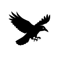 Flying crow silhouette with spread wings in motion. Ideal for horror themes, freedom symbolism, or dramatic visual compositions