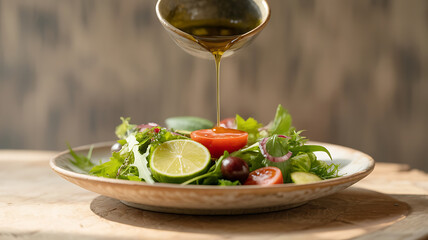 Olive oil poured over a fresh mixed green salad.
