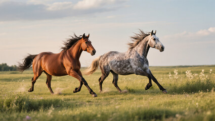 Obraz premium Two beautiful horses running freely through a green summer meadow under a blue sky, symbolizing freedom and natural energy.