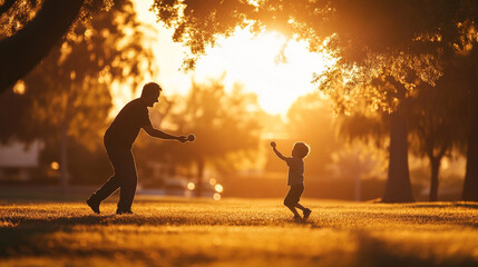 Father and son joyfully play catch at sunset.