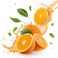 Orange juice splash with fresh whole and sliced oranges and green leaves isolated on white background
