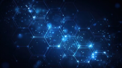 Abstract image of interconnected blue hexagons and glowing particles against a dark backdrop