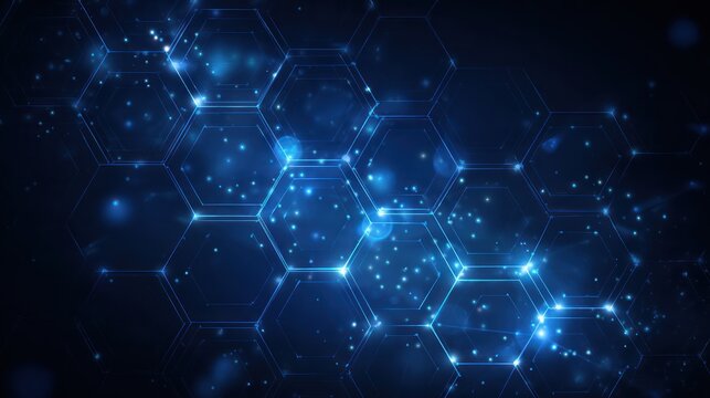 Abstract image of interconnected blue hexagons and glowing particles against a dark backdrop