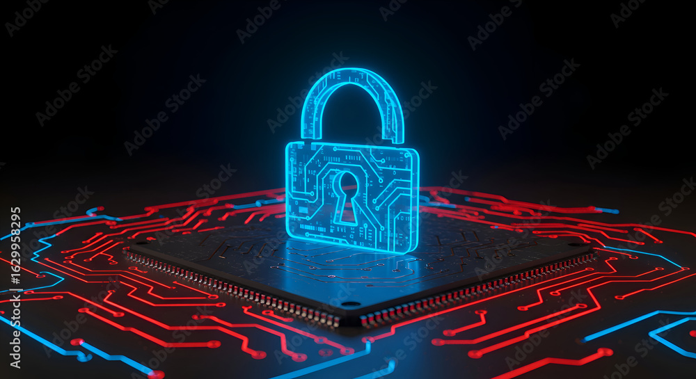 Poster abstract glowing padlock icon on circuit board. electronic security symbol displayed on a dark circu