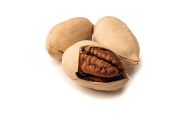 Pecan-nut in a shell isolated on white background. Top view.
