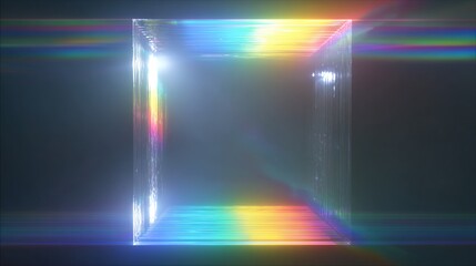 Abstract cube of transparent light, spectral colors, lens flares