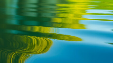 Rippled water reflecting vibrant greens and yellows.
