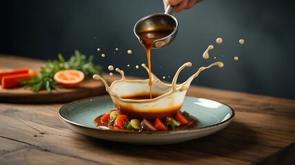 Sauce splashes over a plated dish of food.
