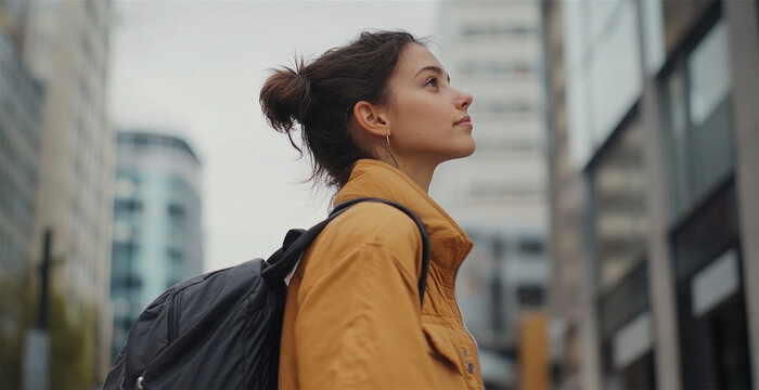 Girl gazes upward on city street at daytime