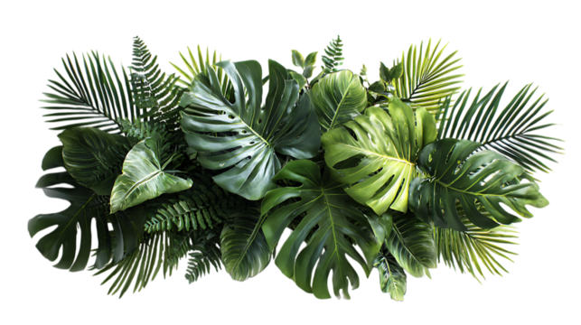 A vibrant assortment of lush tropical foliage, including large monstera leaves with characteristic splits, feathery palm fronds, and other varied green plants.