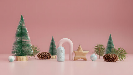 Pink and gold Christmas scene with trees, decorations.
