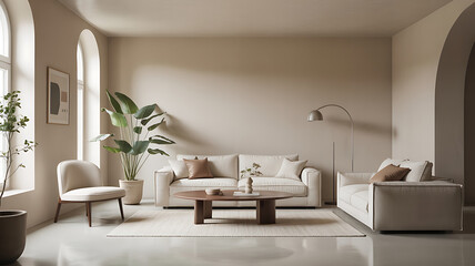 Beige living room with modern furniture and natural light.
