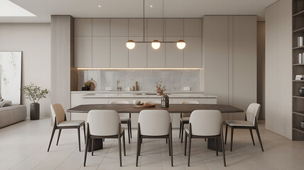 Modern, minimalist kitchen with a large dining table.
