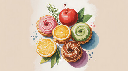 Colorful pastries, fruits, and leaves arranged in a decorative display.
