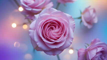 Delicate pink roses, soft lighting, a gentle beauty.
