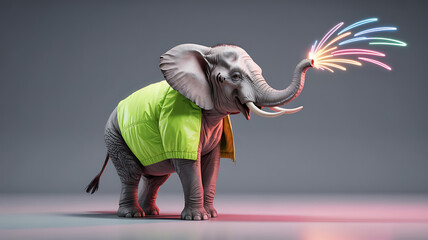 Elephant in a bright yellow jacket, shooting colorful fireworks from its trunk.
