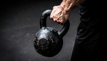 Strong muscular hand of a man gripping a heavy black kettlebell for a powerful fitness workout in the gym.