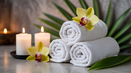 Rolled white towels, candles, and orchids. Relaxing spa scene.
