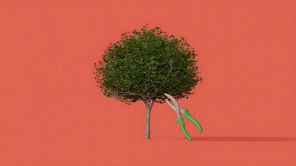 Pruning shears trim a lush tree, symbolic of change.
