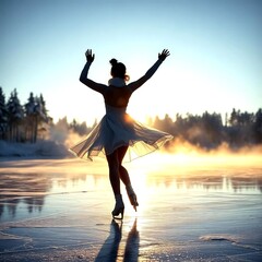 Ice skater spinning alone on frozen lake at dawn reflecting passion art struggle grace and athletic power in chilling isolation