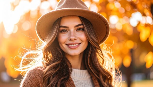 Portrait of a radiant woman smiling in a stylish hat, enjoying the warm glow of a beautiful autumn day. - Powered by Adobe