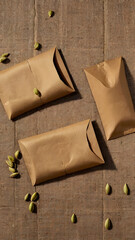 Discover aromatic cardamom pods scattered near rustic brown paper packets for culinary inspiration