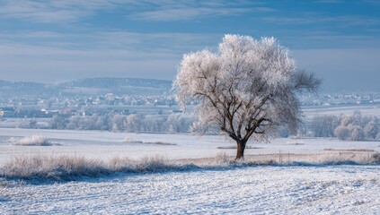 Frozen winter landscape with solitary tree